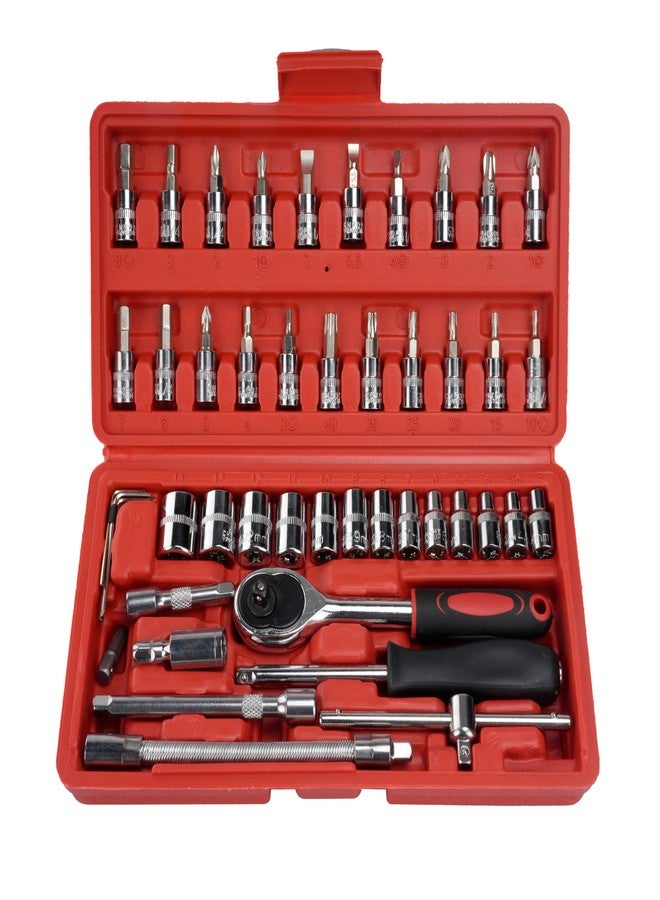 ENON Hand Tool Kit (46 Pcs) Household, 1/4 Drive Socket, Screwdriver Wrench Set For Bike,Car Repairs & More, Spanner & Socket Set, All Size Tool Kit Goti Pana Set|Perfect For Diy Enthusiasts, Red - Image 3